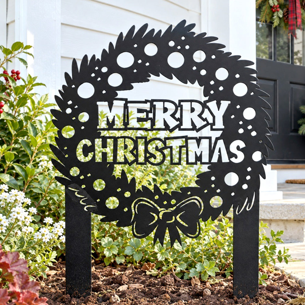 Metal Garden Stake – Merry Christmas Wreath with Bow