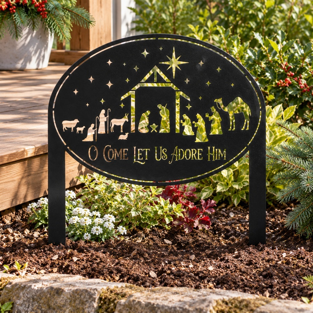 Metal Garden Stake – O Come Let Us Adore Him