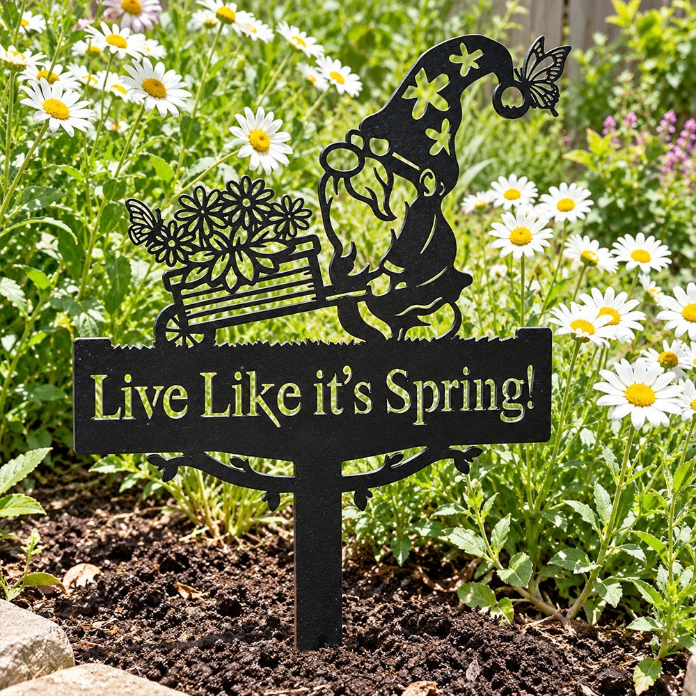 Metal Garden Stake – Spring Gnome with Flower Cart