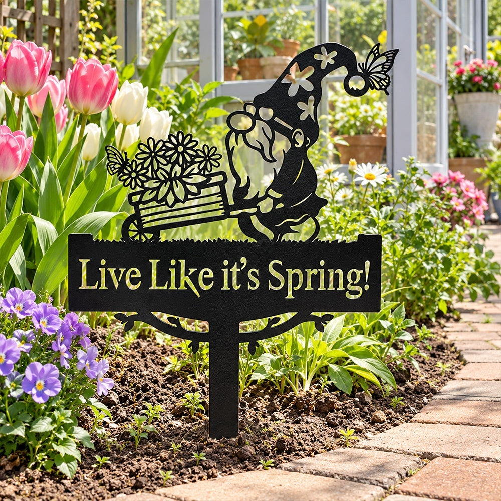 Metal Garden Stake – Spring Gnome with Flower Cart