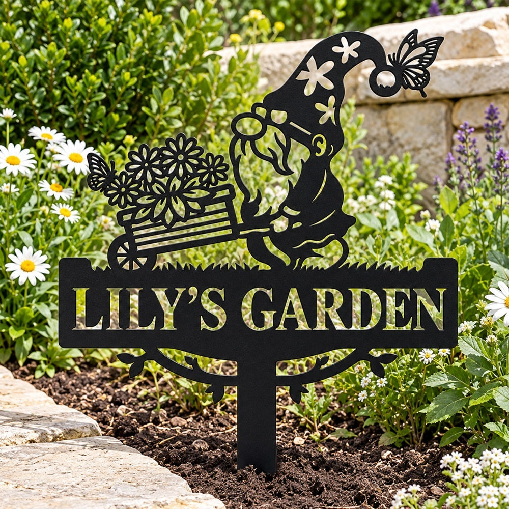 Personalized Metal Garden Stake -  Gnome with Flower Cart