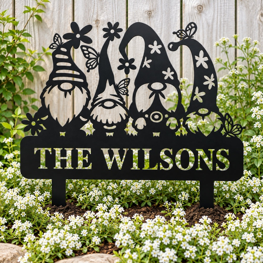 Personalized Metal Garden Stake -  Garden Gnome Family