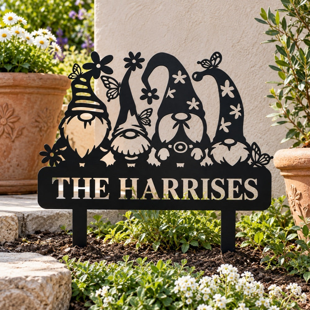 Personalized Metal Garden Stake -  Garden Gnome Family