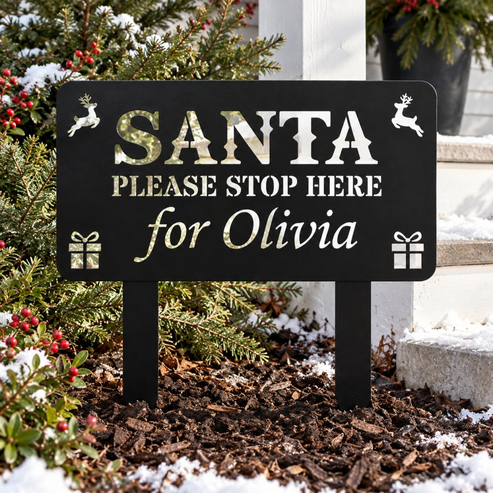 Personalized Metal Garden Stake -  Santa Please Stop Here