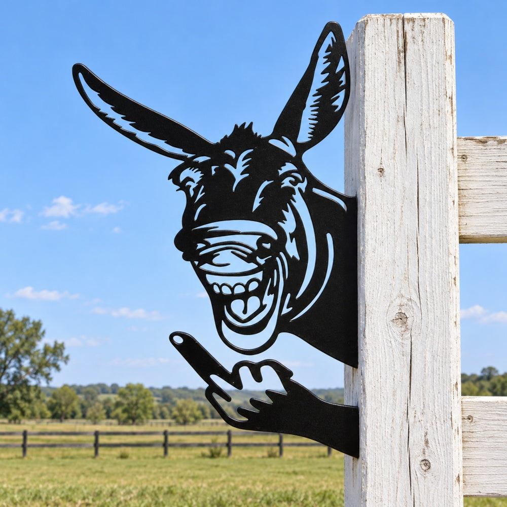 Funny Metal Animal Fence Peeker - Grinning Donkey