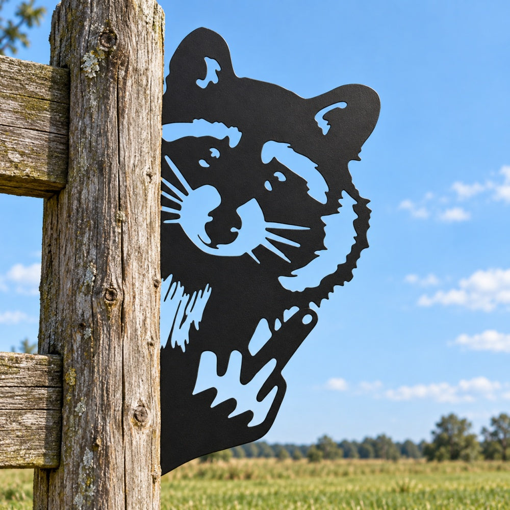 Funny Metal Animal Fence Peeker - Raccoon