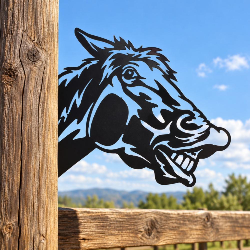 Funny Metal Animal Fence Peeker - Laughing Horse