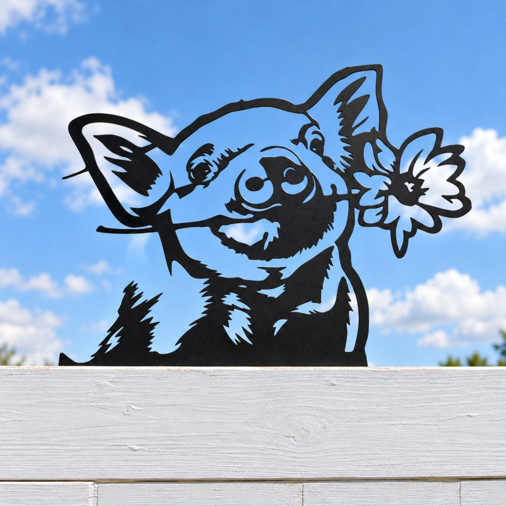 Metal Animal Fence Toppers - Pig with Flower