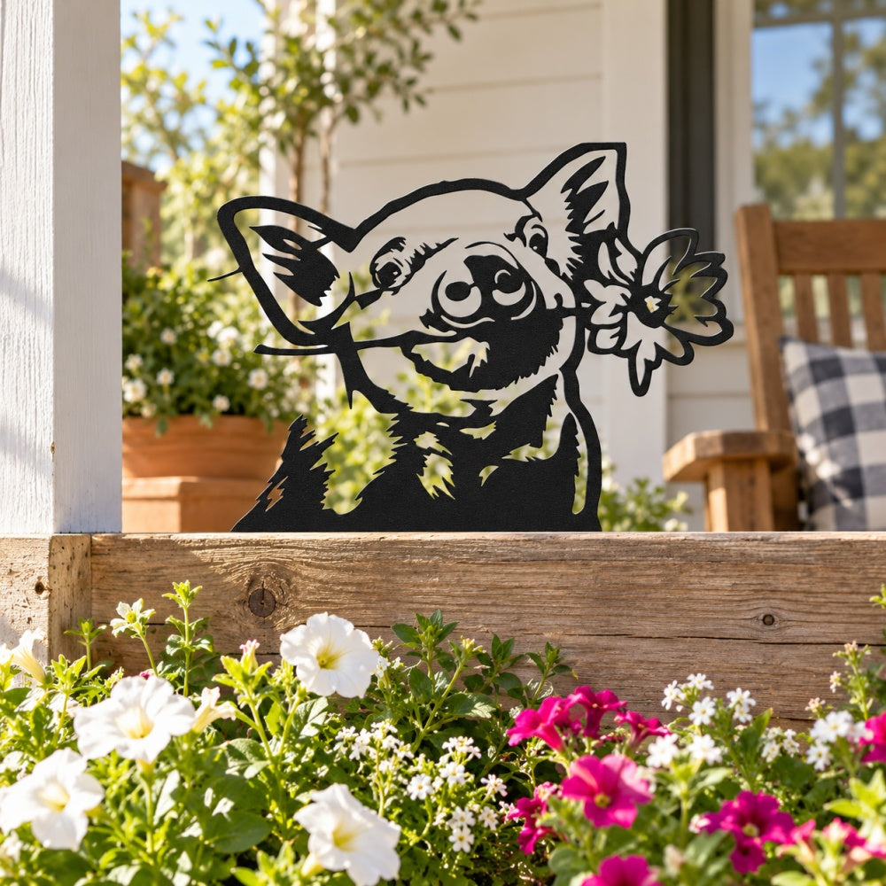 Metal Animal Fence Toppers - Pig with Flower