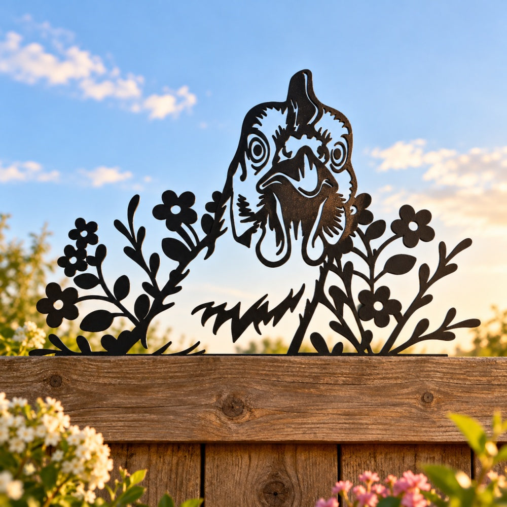 Metal Animal Fence Toppers - Rooster in Flowers