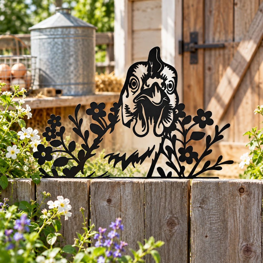 Metal Animal Fence Toppers - Rooster in Flowers