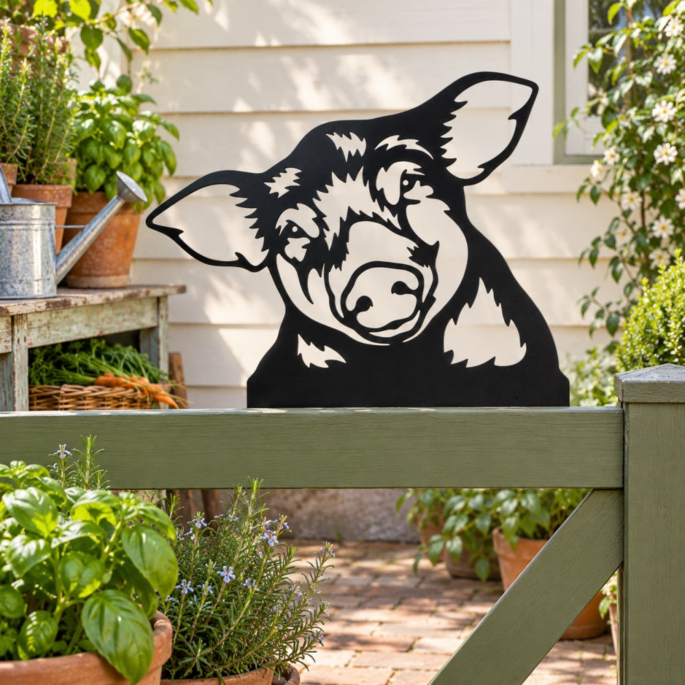 Metal Animal Fence Toppers - Smiling Pig