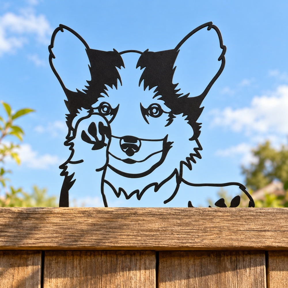 Metal Animal Fence Toppers - Waving Corgi