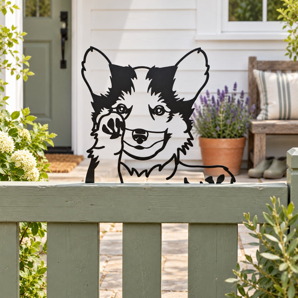 Metal Animal Fence Toppers - Waving Corgi