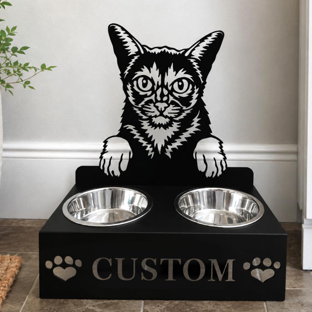 Personalized abyssinian cat metal cat bowl stand with custom name cutout and two removable feeding bowls