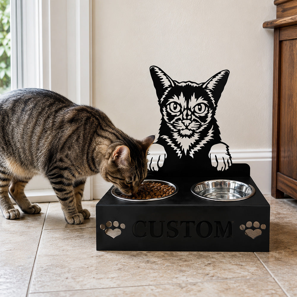 Personalized abyssinian cat metal cat bowl stand with custom name cutout and two removable feeding bowls