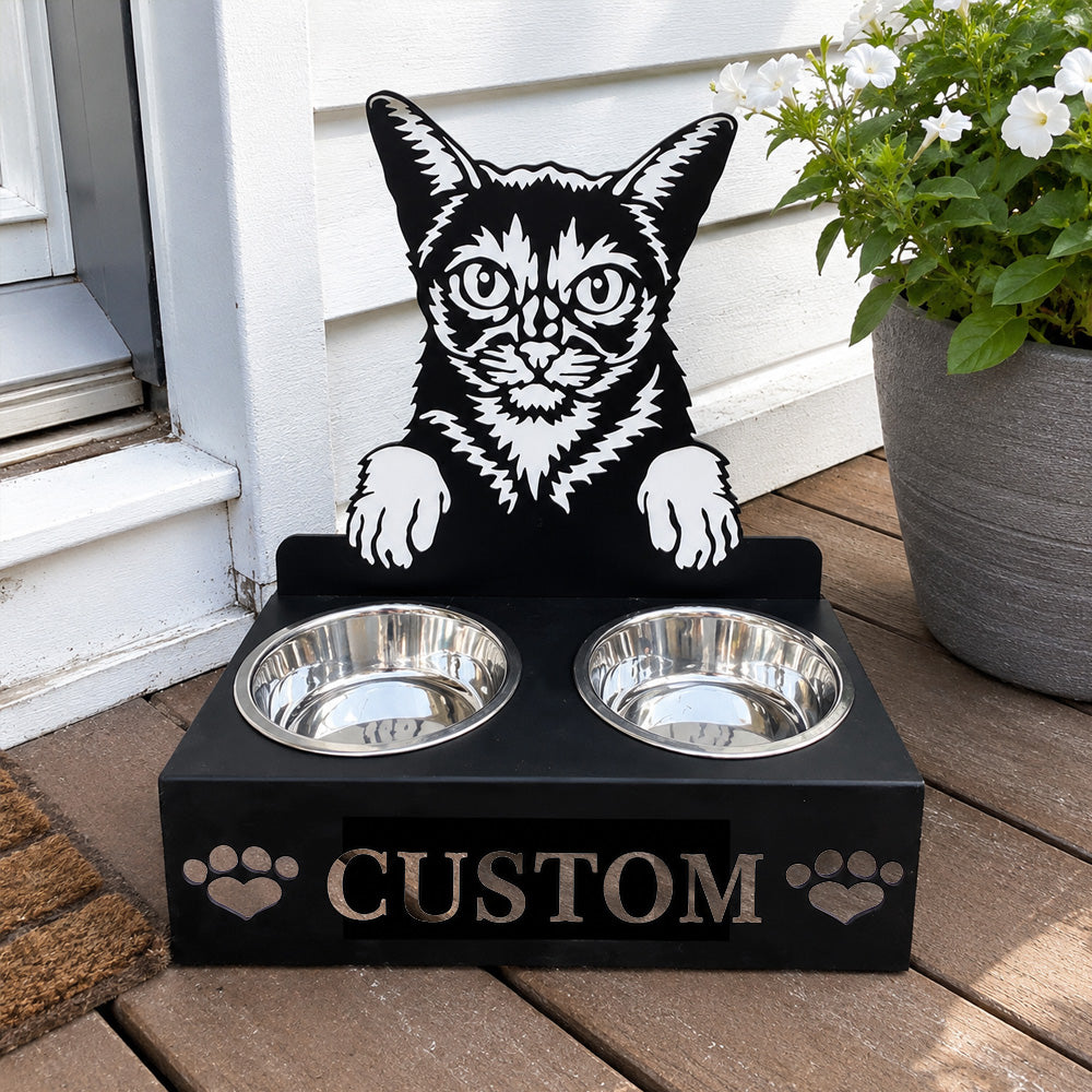 Personalized abyssinian cat metal cat bowl stand with custom name cutout and two removable feeding bowls