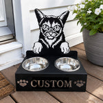 Personalized abyssinian cat metal cat bowl stand with custom name cutout and two removable feeding bowls