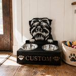 Personalized affenpinscher metal dog bowl stand with custom name cutout and two removable feeding bowls