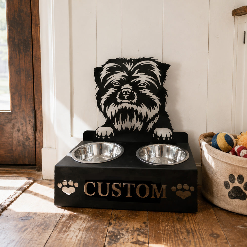 Personalized affenpinscher metal dog bowl stand with custom name cutout and two removable feeding bowls