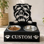 Personalized affenpinscher metal dog bowl stand with custom name cutout and two removable feeding bowls
