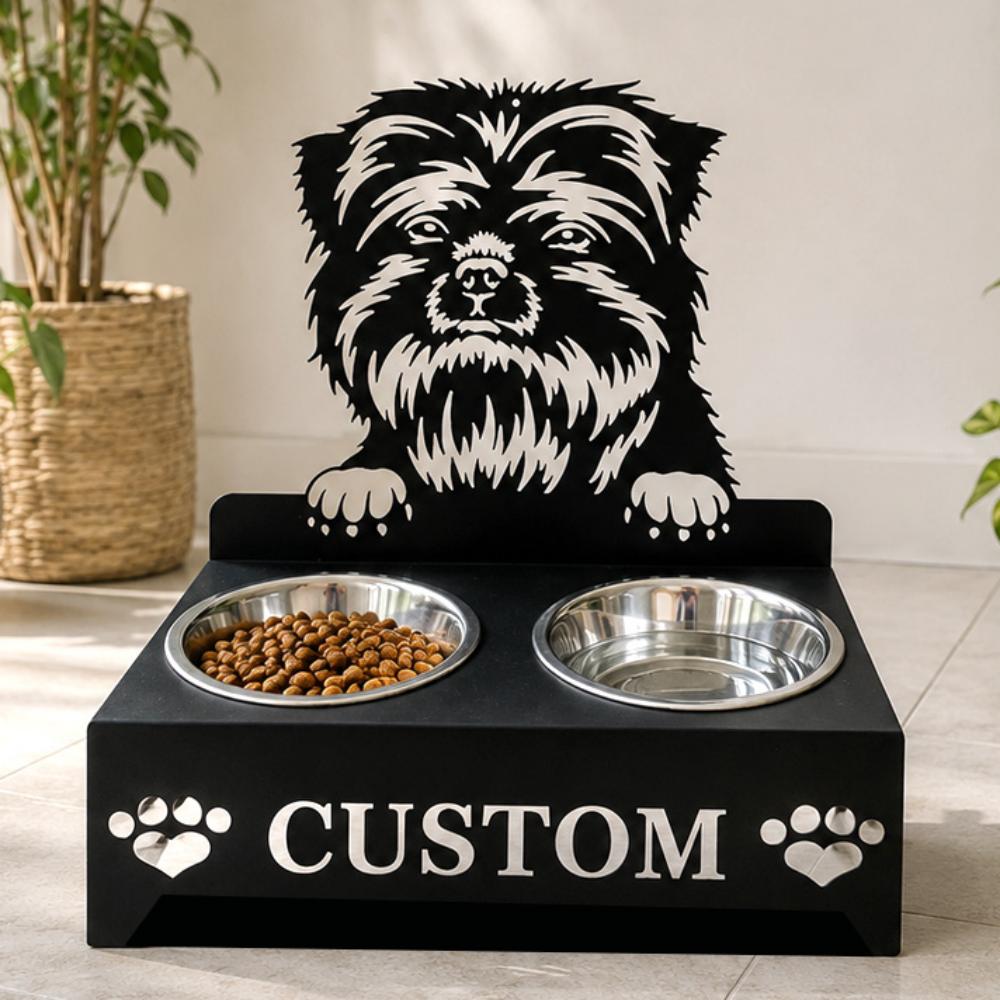 Personalized affenpinscher metal dog bowl stand with custom name cutout and two removable feeding bowls