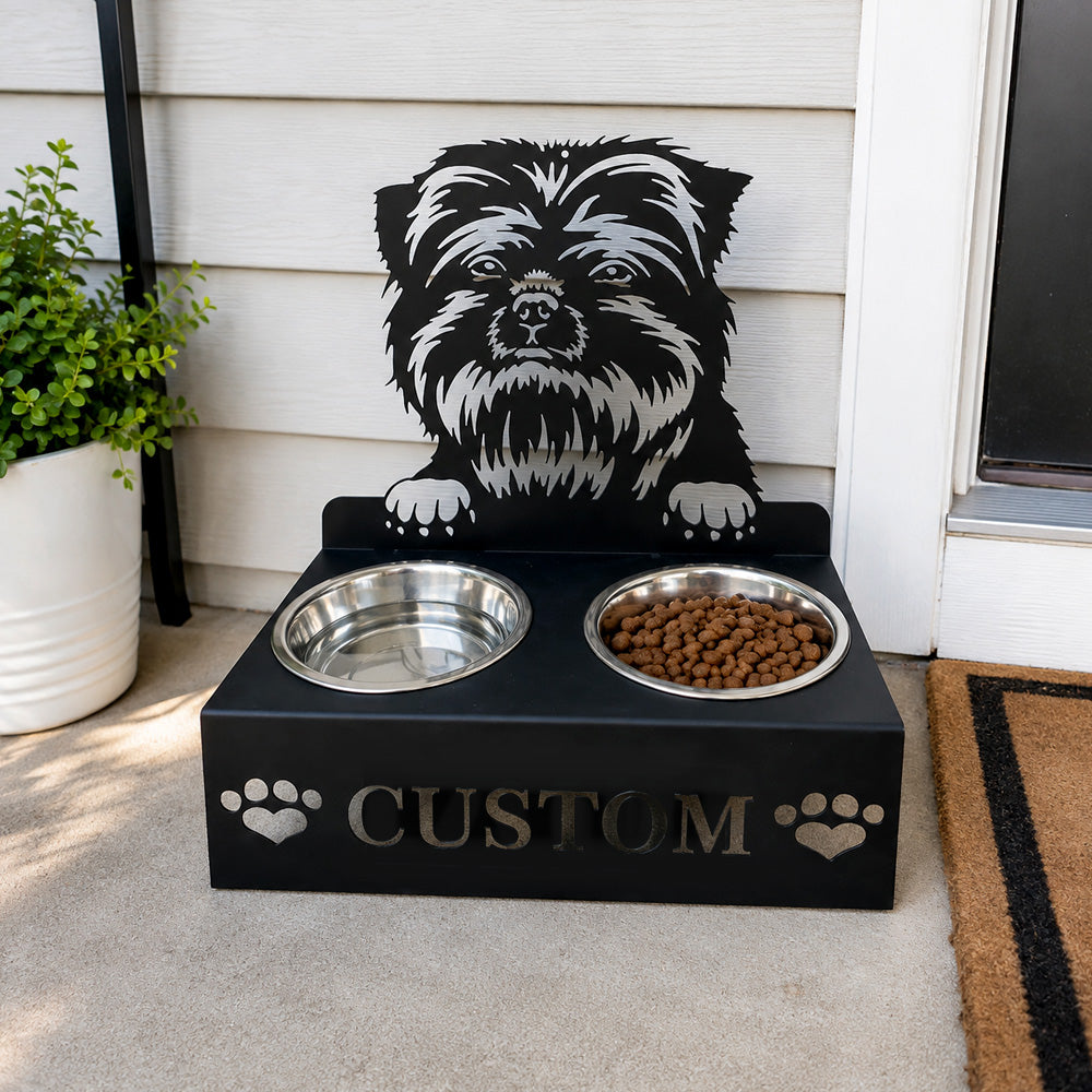 Personalized affenpinscher metal dog bowl stand with custom name cutout and two removable feeding bowls