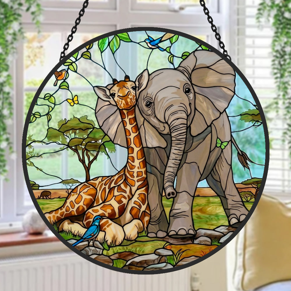 African giraffe and elephant stained glass suncatcher window hanging, suitable for home and garden decoration