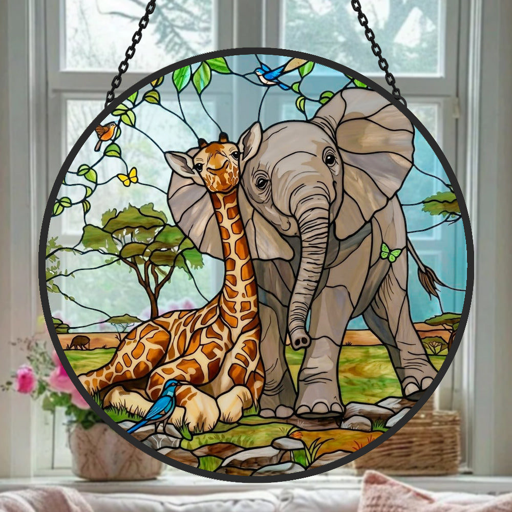 African giraffe and elephant stained glass suncatcher window hanging, suitable for home and garden decoration
