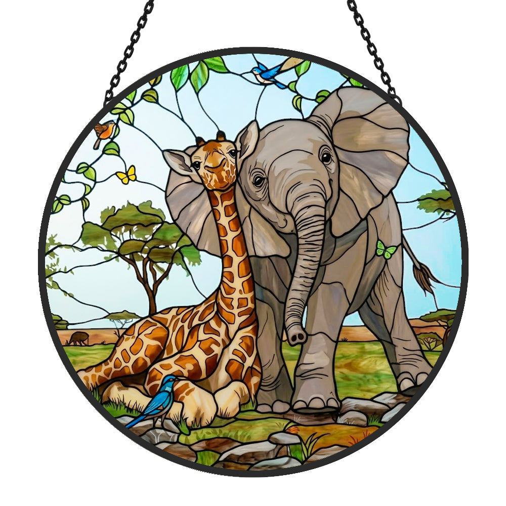 African giraffe and elephant stained glass suncatcher window hanging, suitable for home and garden decoration
