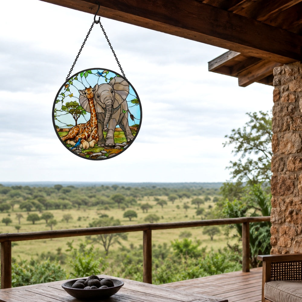 African giraffe and elephant stained glass suncatcher window hanging, suitable for home and garden decoration