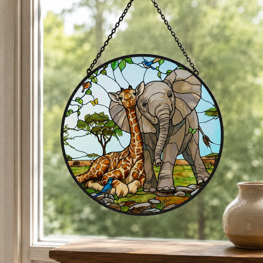African giraffe and elephant stained glass suncatcher window hanging, suitable for home and garden decoration