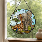 African giraffe and elephant stained glass suncatcher window hanging, suitable for home and garden decoration