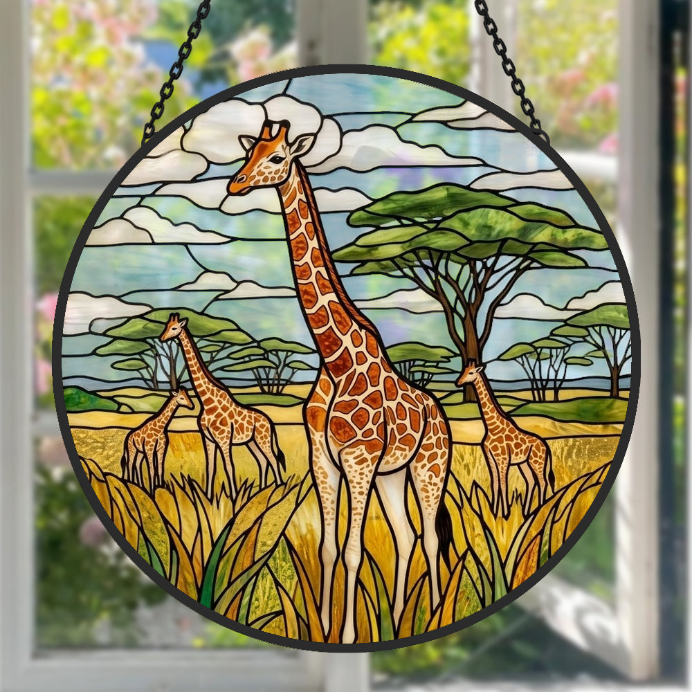 African giraffe family stained glass suncatcher window hanging, suitable for home and garden decoration