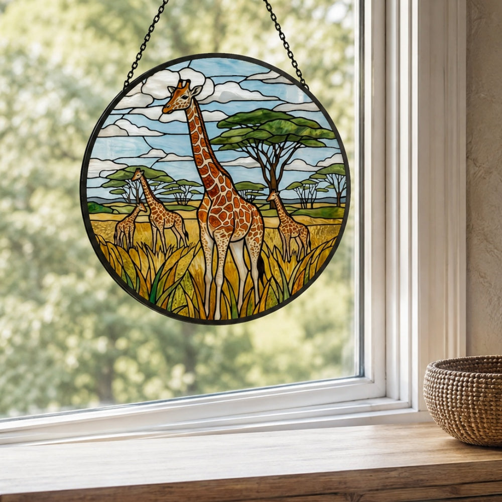 African giraffe family stained glass suncatcher window hanging, suitable for home and garden decoration