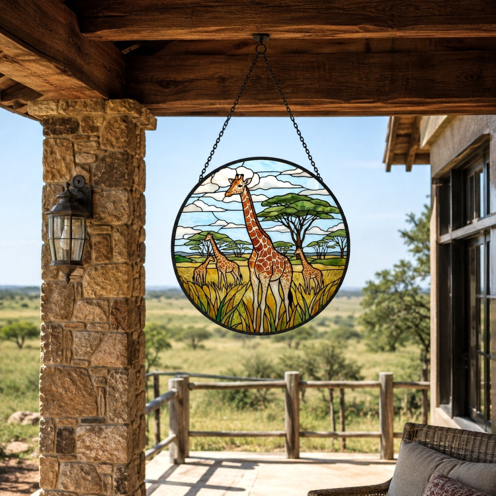 African giraffe family stained glass suncatcher window hanging, suitable for home and garden decoration