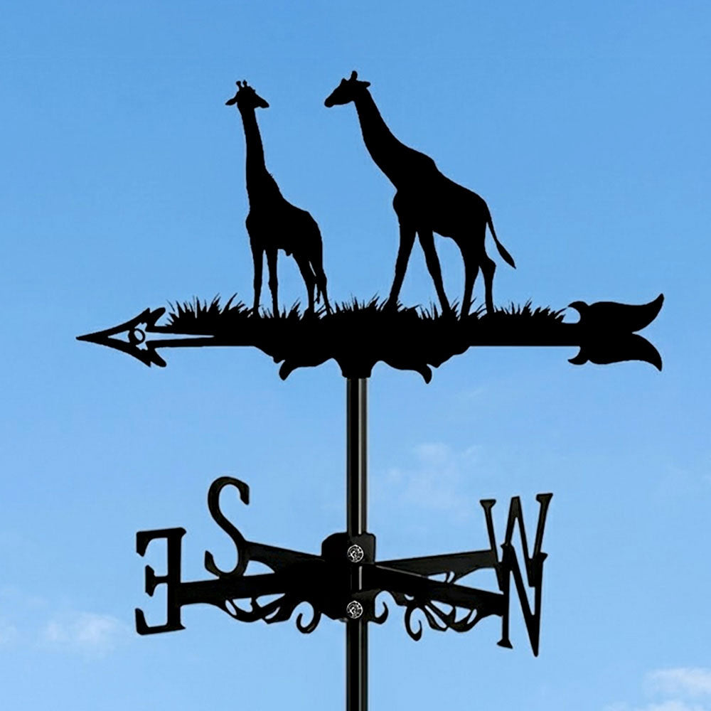 African giraffes metal weather vane with directional arrows and mounting rod, outdoor roof and garden decoration