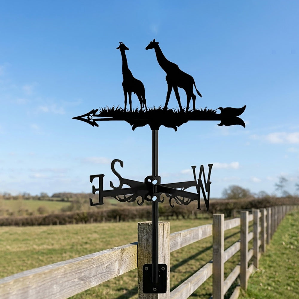 African giraffes metal weather vane with directional arrows and mounting rod, outdoor roof and garden decoration