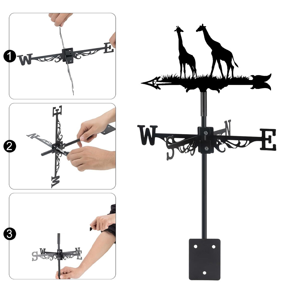 African giraffes metal weather vane with directional arrows and mounting rod, outdoor roof and garden decoration