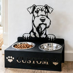 Personalized airedale terrier metal dog bowl stand with custom name cutout and two removable feeding bowls