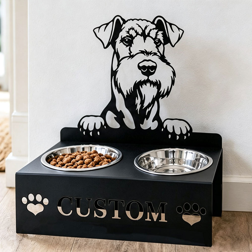 Personalized airedale terrier metal dog bowl stand with custom name cutout and two removable feeding bowls
