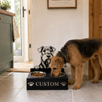 Personalized airedale terrier metal dog bowl stand with custom name cutout and two removable feeding bowls