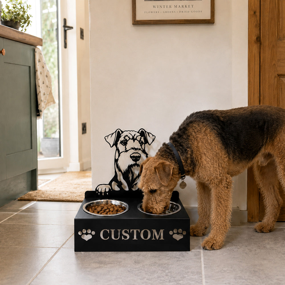 Personalized airedale terrier metal dog bowl stand with custom name cutout and two removable feeding bowls