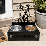 Personalized airedale terrier metal dog bowl stand with custom name cutout and two removable feeding bowls