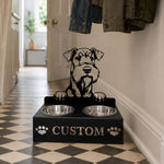 Personalized airedale terrier metal dog bowl stand with custom name cutout and two removable feeding bowls