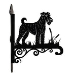 Airedale terrier metal hanging basket bracket mounted on outdoor wall for plant decoration