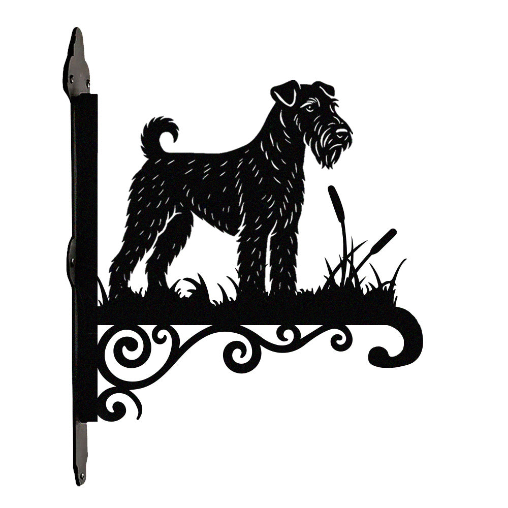 Airedale terrier metal hanging basket bracket mounted on outdoor wall for plant decoration