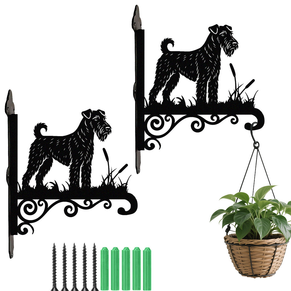 Airedale terrier metal hanging basket bracket mounted on outdoor wall for plant decoration