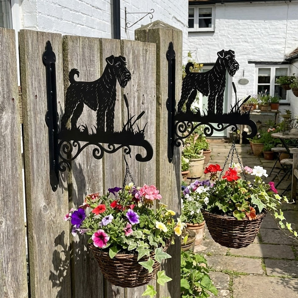 Airedale terrier metal hanging basket bracket mounted on outdoor wall for plant decoration