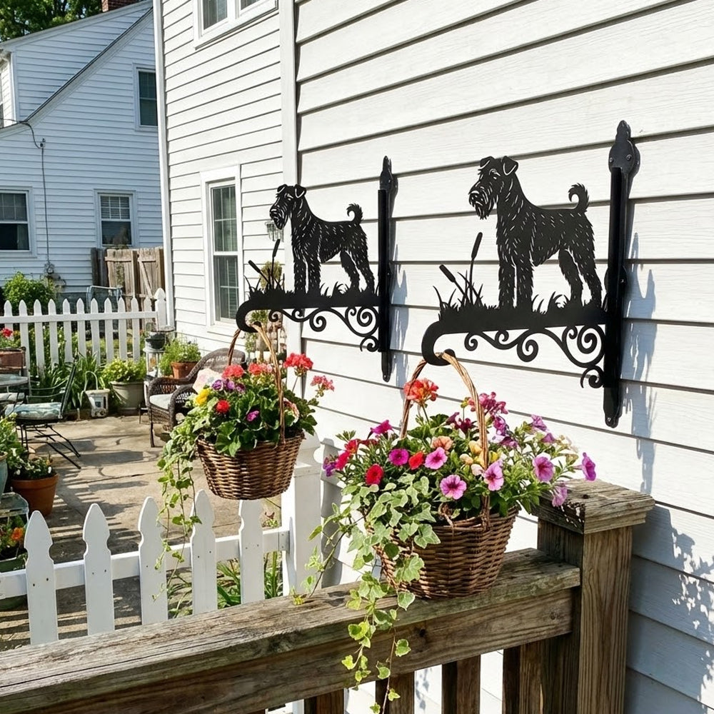 Airedale terrier metal hanging basket bracket mounted on outdoor wall for plant decoration